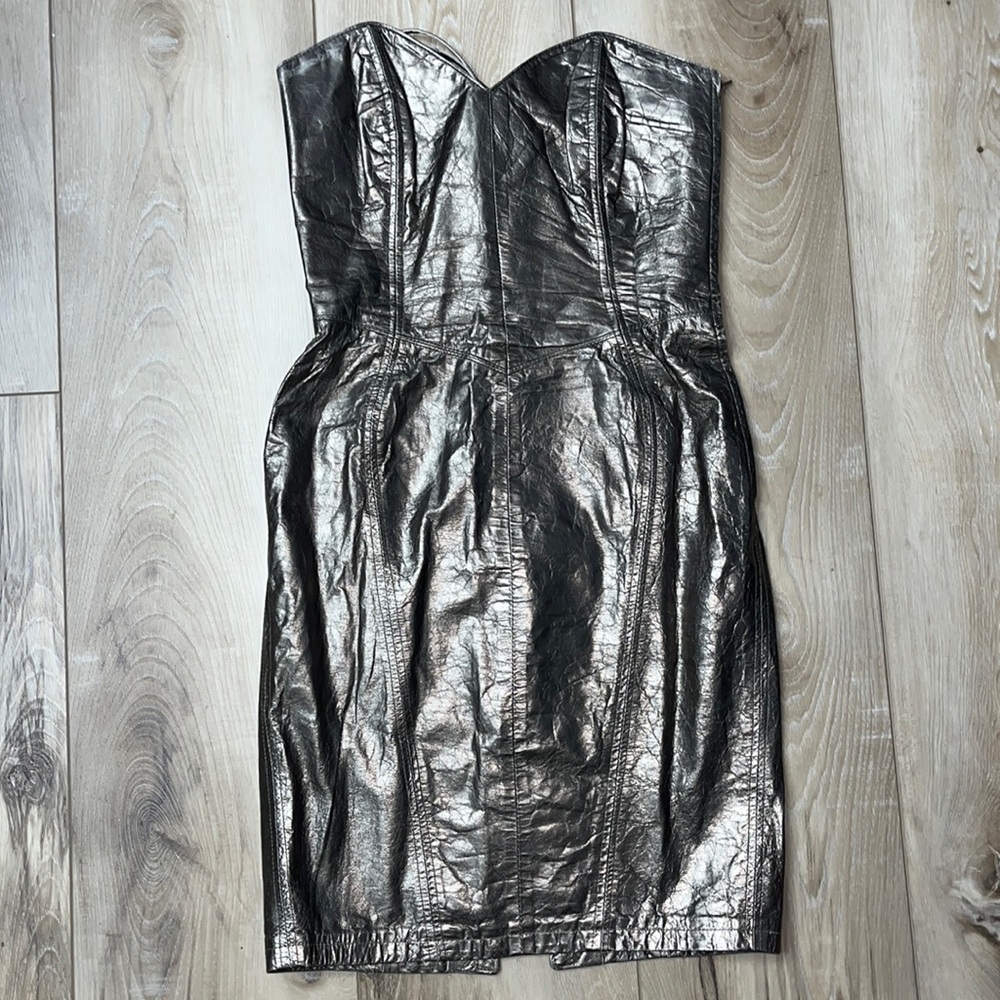 Michael Hoban North Beach Leather Strapless Corset Dress Vintage Metallic Size S